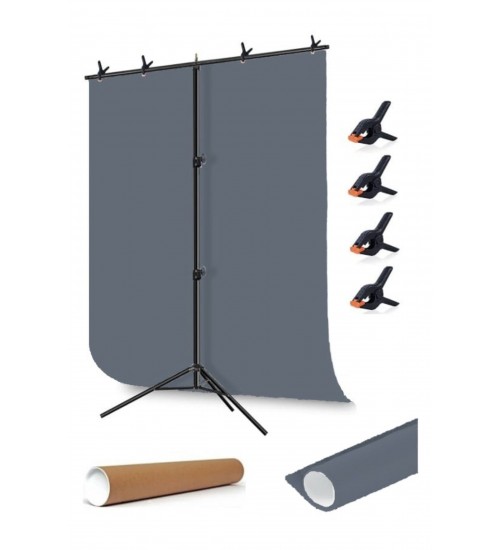 grey Screen gri fon perde (1.5x2m)+ tek Ayaklı Fon Standı+ 4 Fon Mandalı