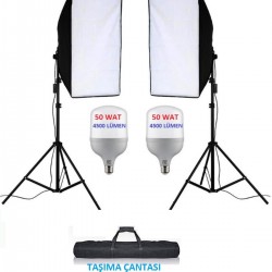 50x70 cm Softbox 2'li Sürekli Işık Seti Youtber Kit Taşıma Çantalı TOPLAM 100 WAT 9000 LÜMEN