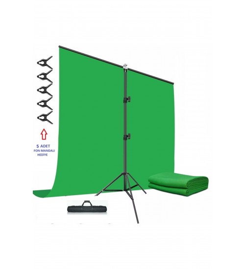 Green Screen Greenbox Yeşil Fon Perde (1.5x2 M) + Tek Ayaklı Fon Standı + 3 Mandal