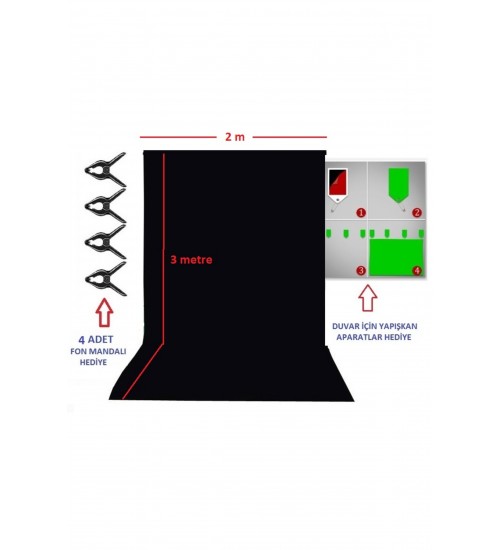 Black Screen-siyah Fon Perde (2x3m)- % 100 Pamuk- Duvara Asmak Için Yapışkanlı Aparatlar Hediye
