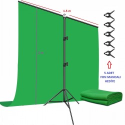 Green Screen Greenbox Yeşil Fon Perde (1.5x2 Metre) + Tek Ayaklı Fon Standı + 3 Mandal