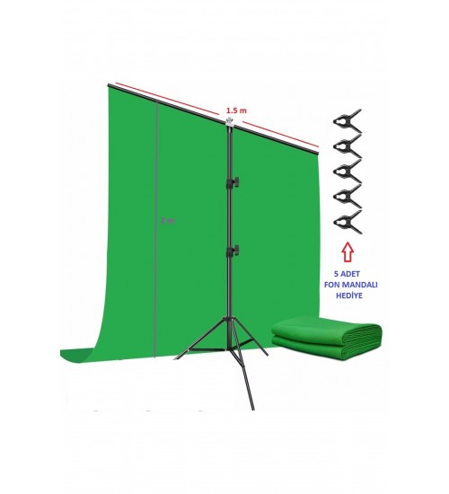 Green Screen Greenbox Yeşil Fon Perde (1.5x2 Metre) + Tek Ayaklı Fon Standı + 3 Mandal