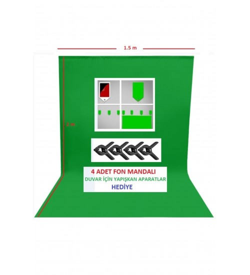 1.5x2 metre green screen greenbox yeşil fon Perde ,oyun,Fotoğraf , Stream 4 mandallı